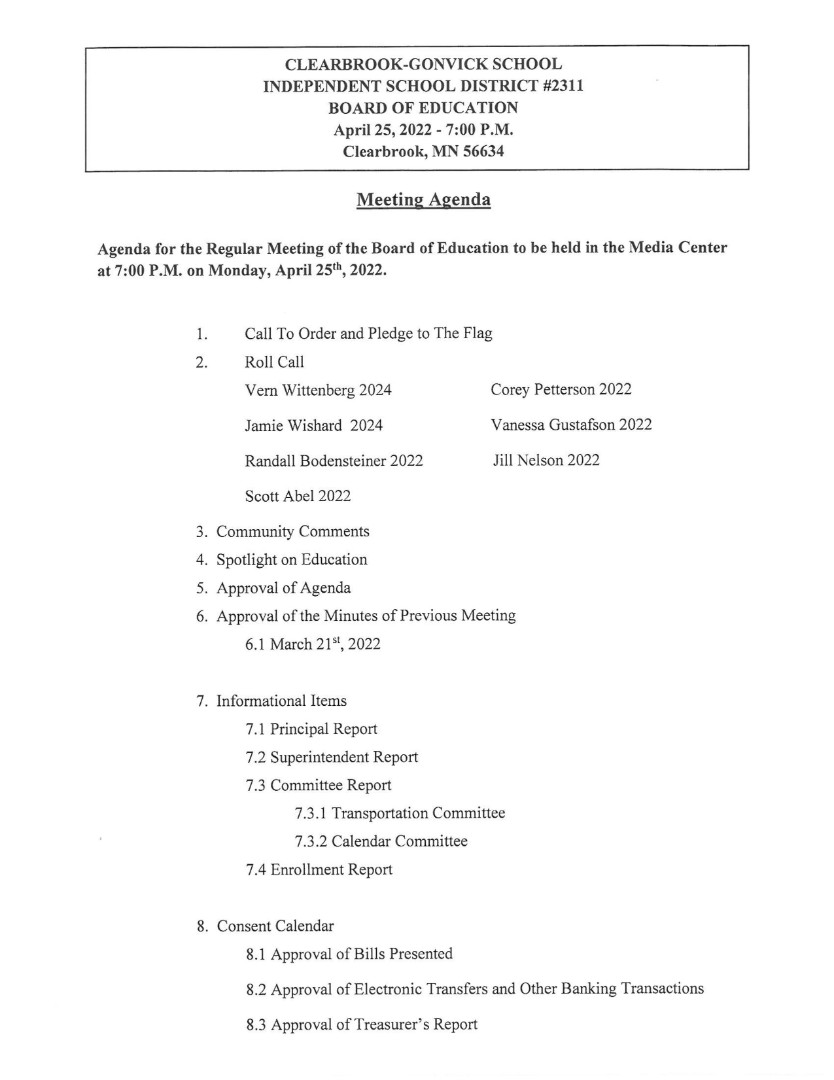 Clearbrook-Gonvick District 2311 - April 25, 2022 School Board Agenda