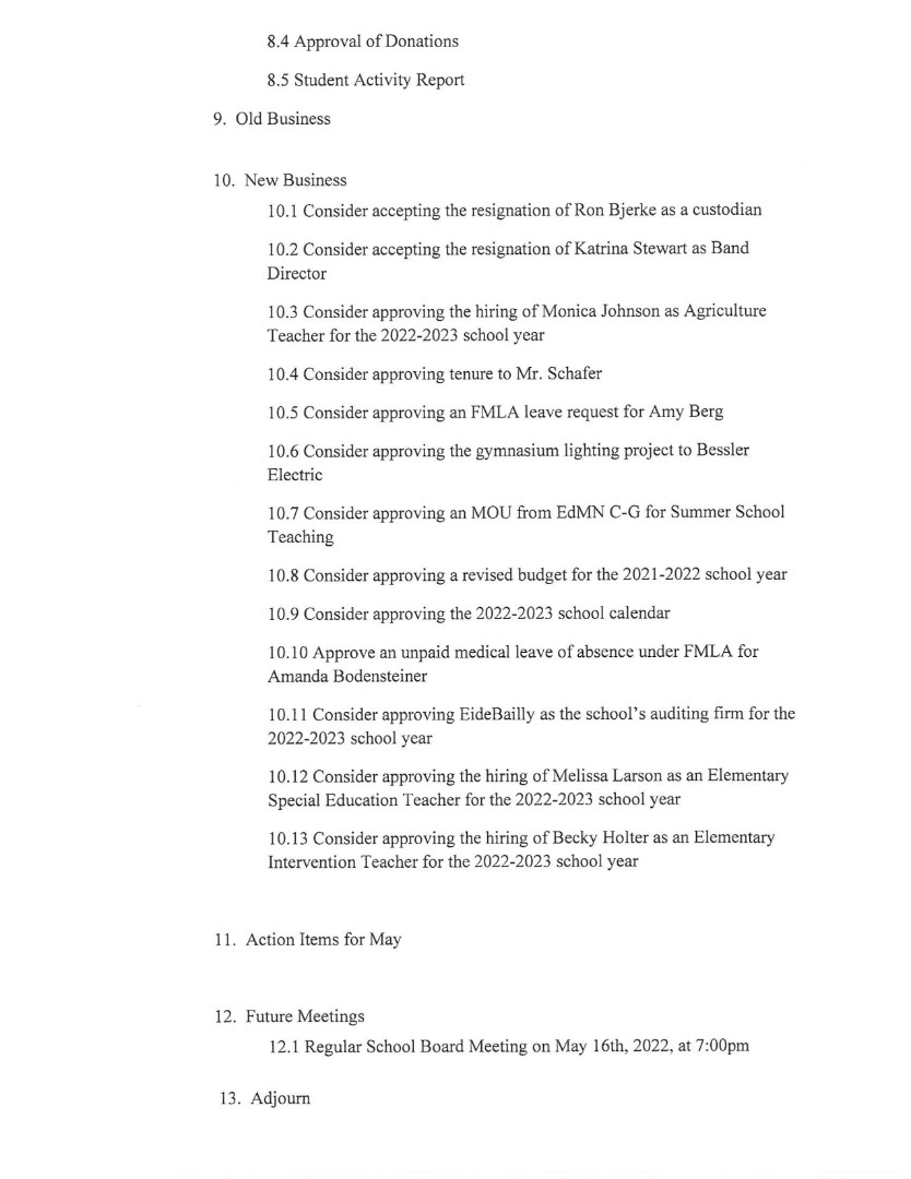 Clearbrook-Gonvick District 2311 - April 25, 2022 School Board Agenda