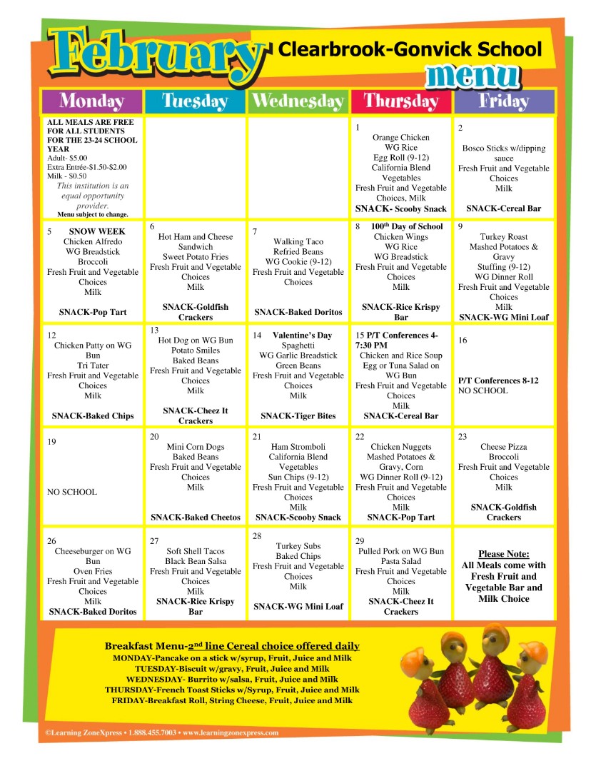 Clearbrook-Gonvick District 2311 - February Lunch Menu